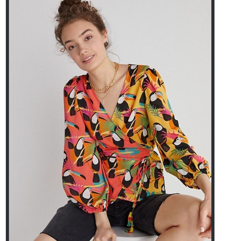 Farm Rio Wrap Top Womens XS Multicolor Toucan Print Beaded Tassel Anthropologie